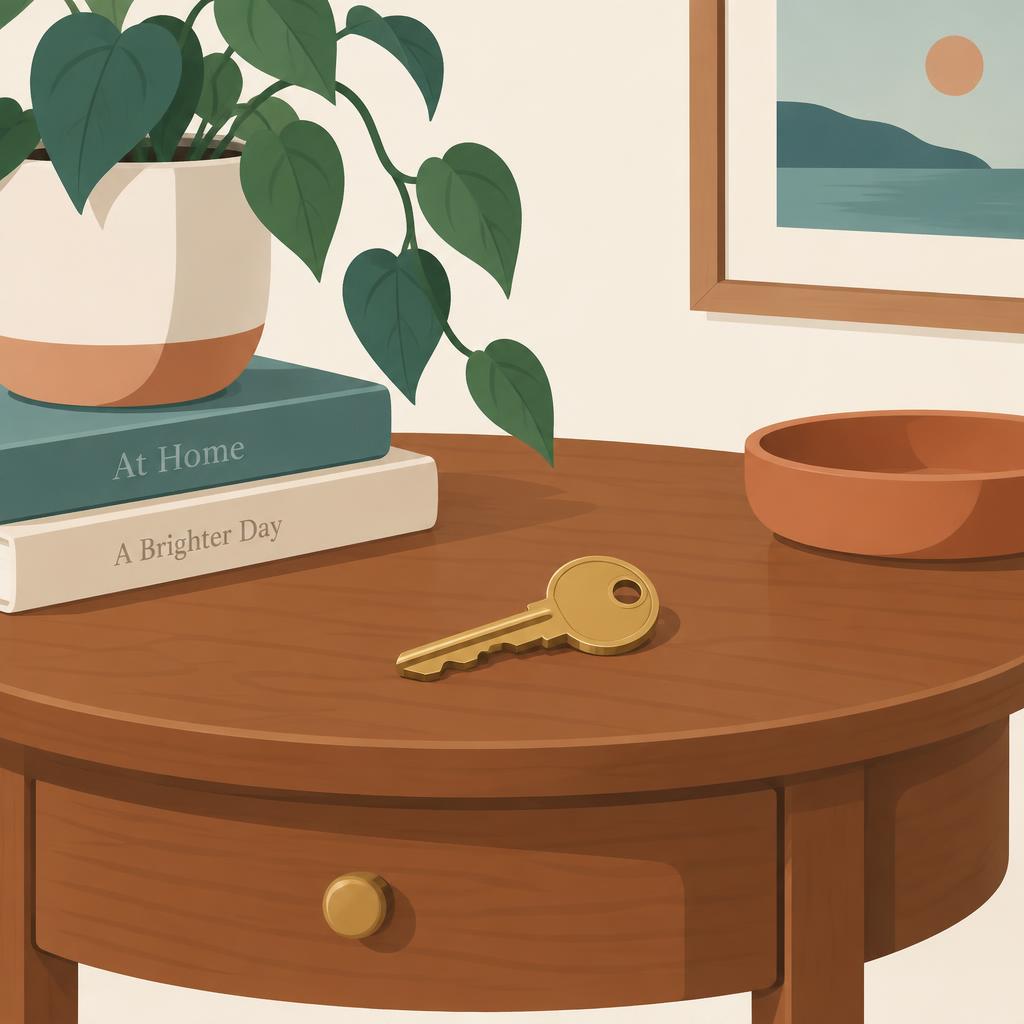 Illustration of a brass key resting on a wooden closing table
